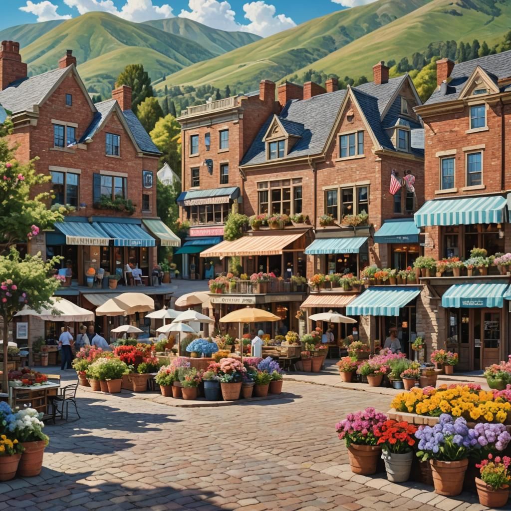 Charming Town Square with Shops, Impressionistic Style