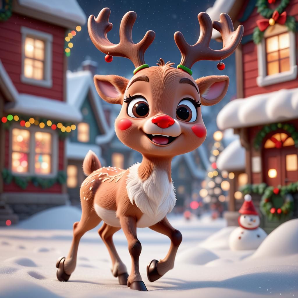 Cute Chibi Rudolph in Snowy Christmas Town