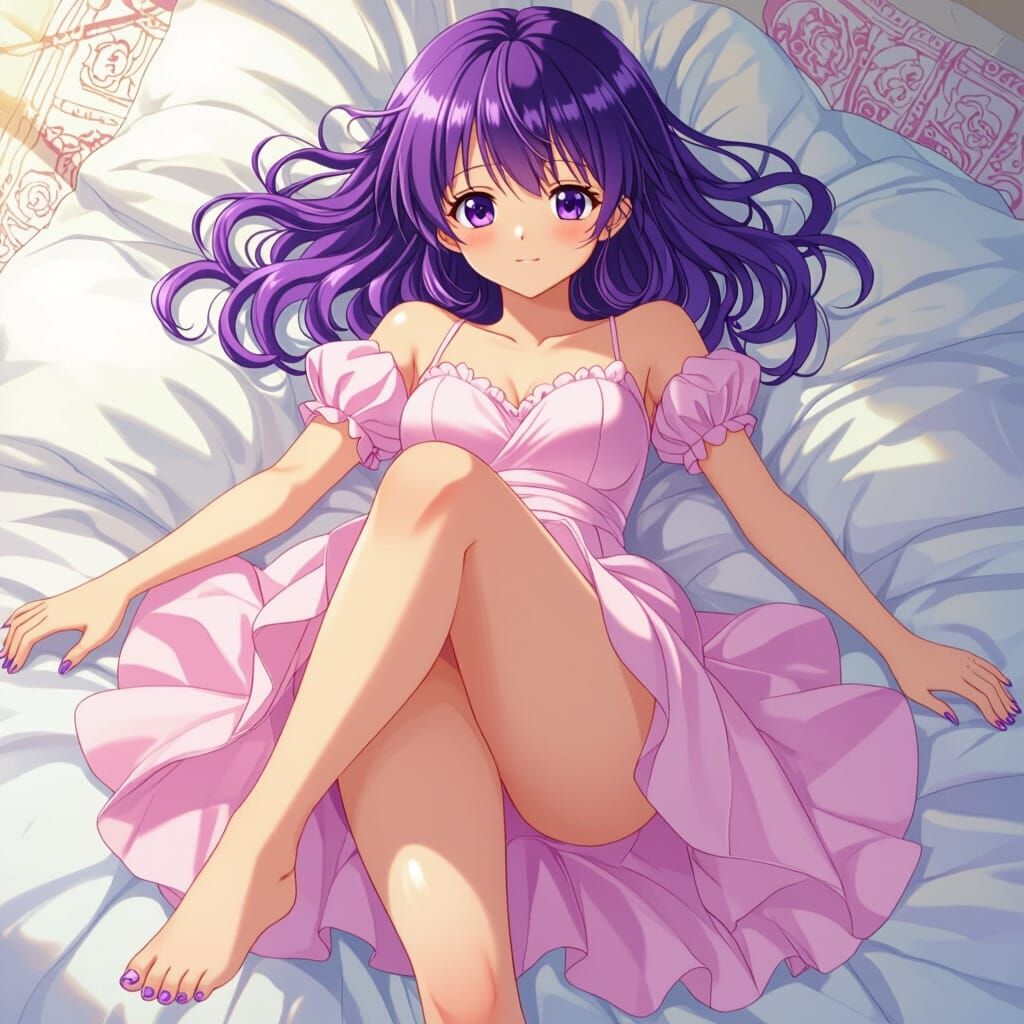 Anime Girl with Purple Hair and Bare Feet