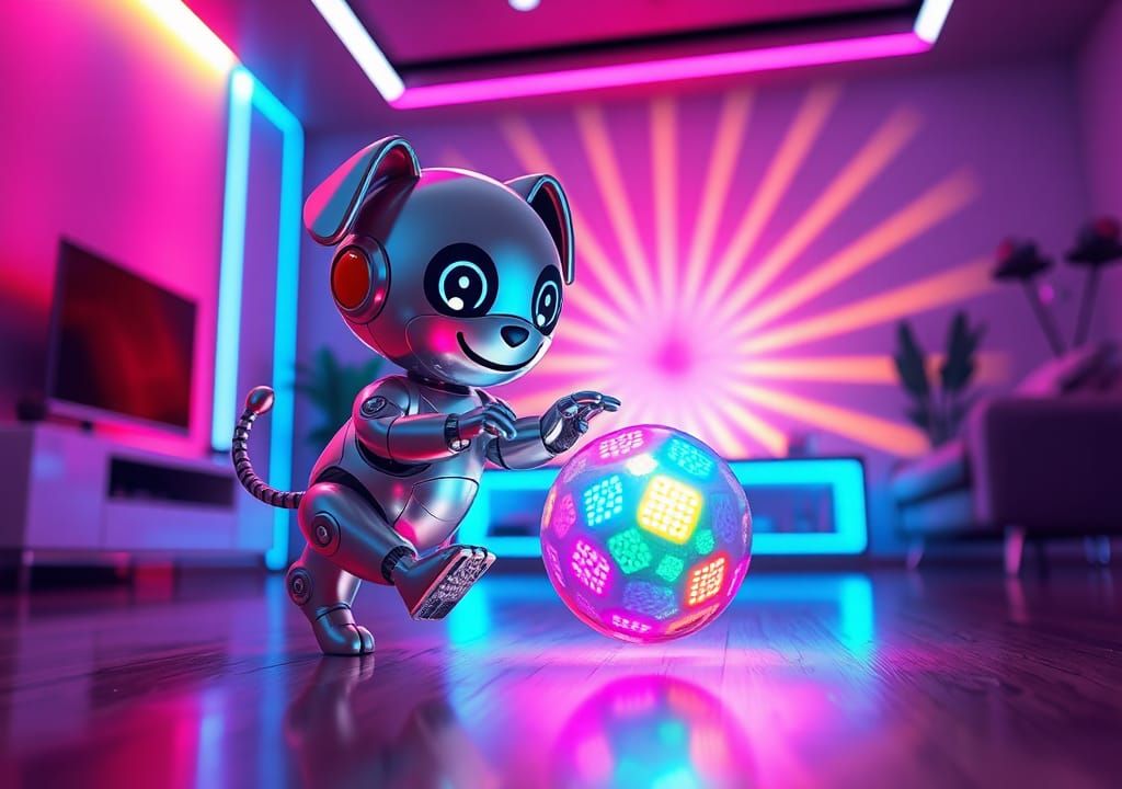 Cute Robot Puppy Plays in Neon Future: 3D Digital Art