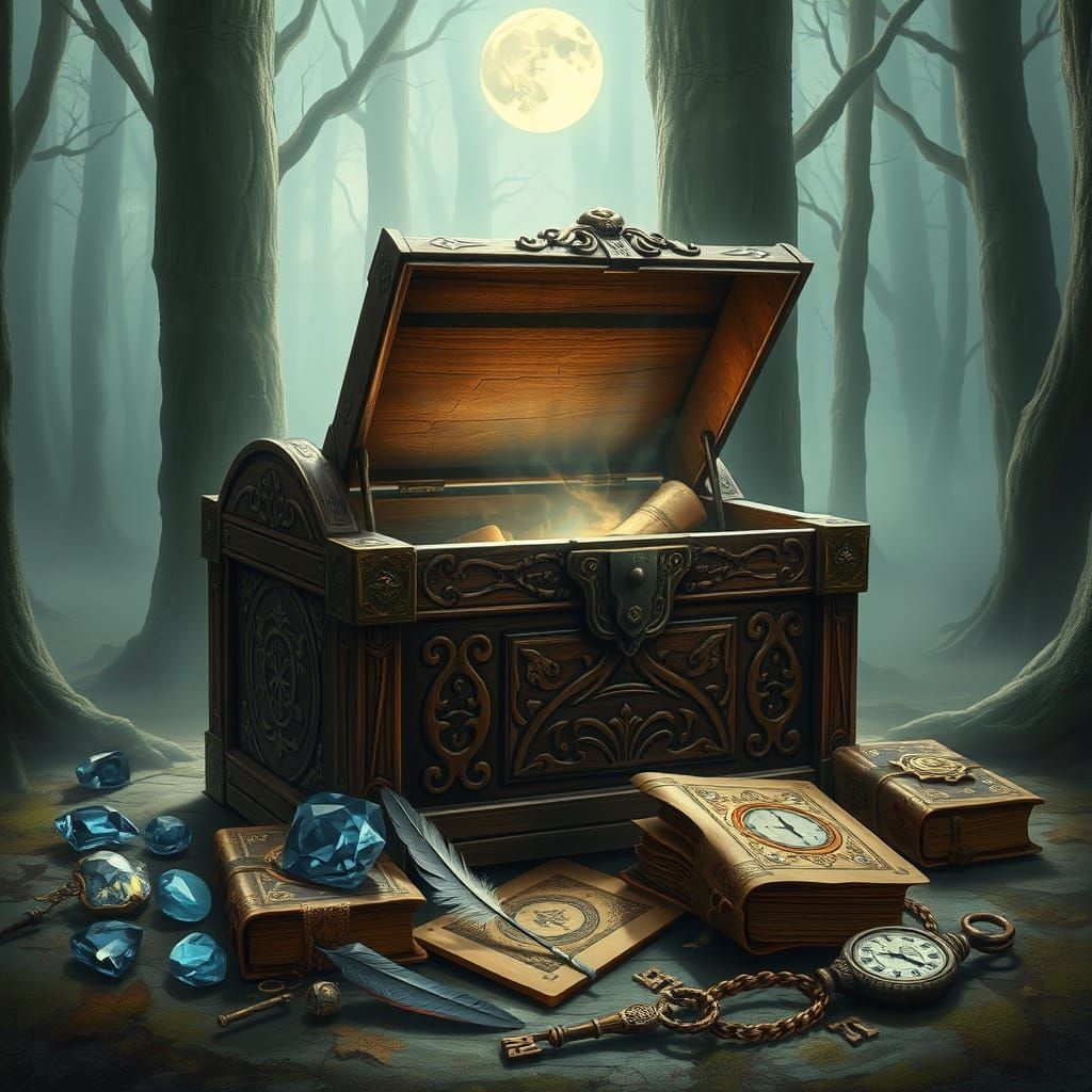 Enchanted Wooden Chest in Whimsical Forest Scene