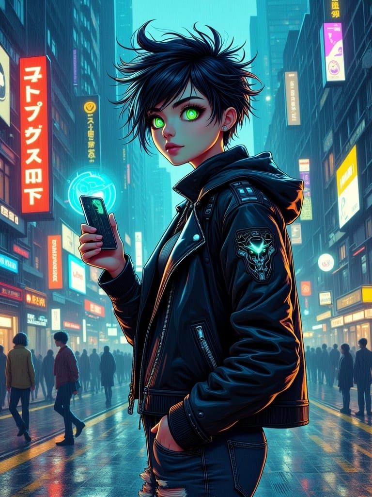 Cyberpunk Woman in Neon Cityscape