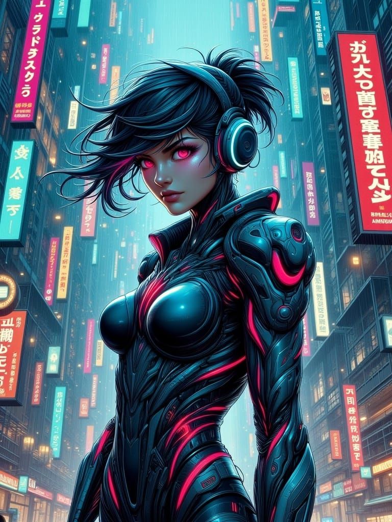 Cyberpunk Woman in Dystopian Cityscape