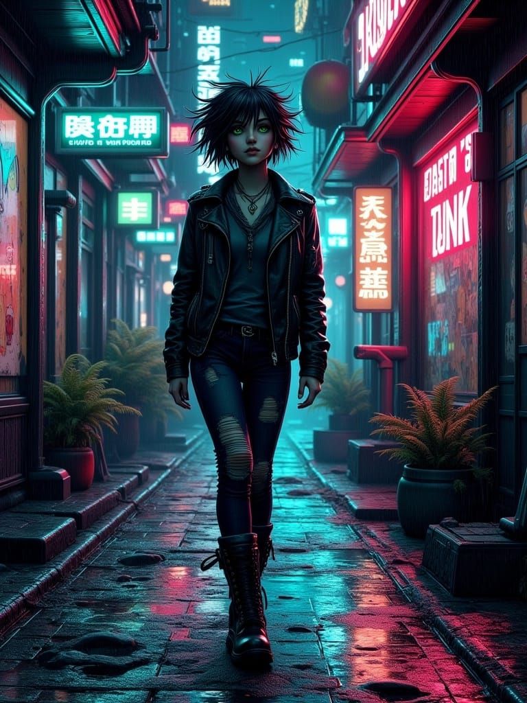 Introspective Cyberpunk Girl in Neon Alleyway