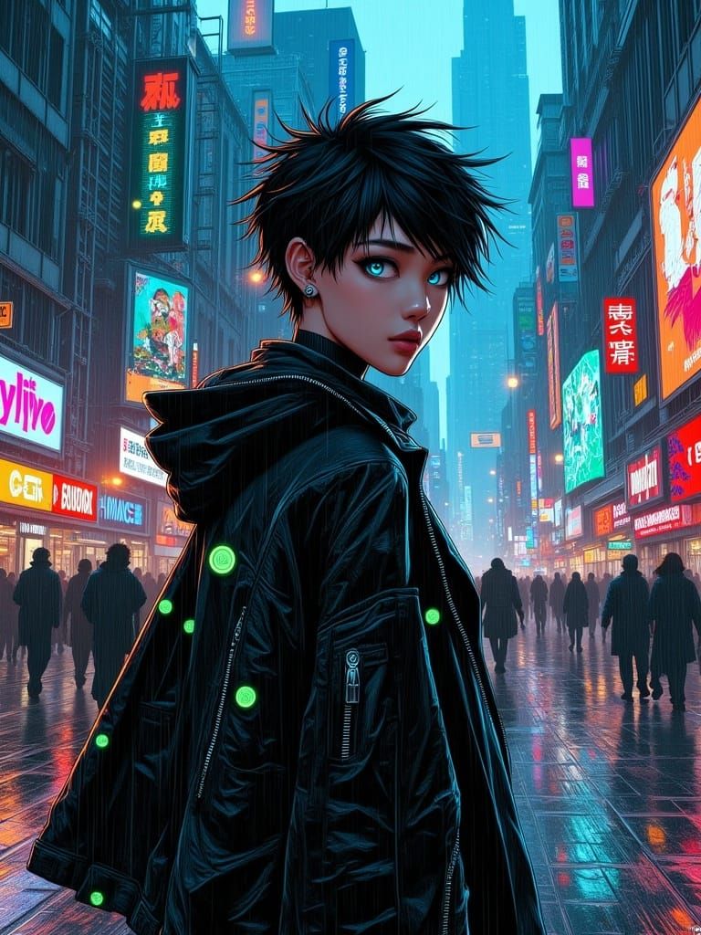 Cyberpunk Woman in Rainy Cityscape