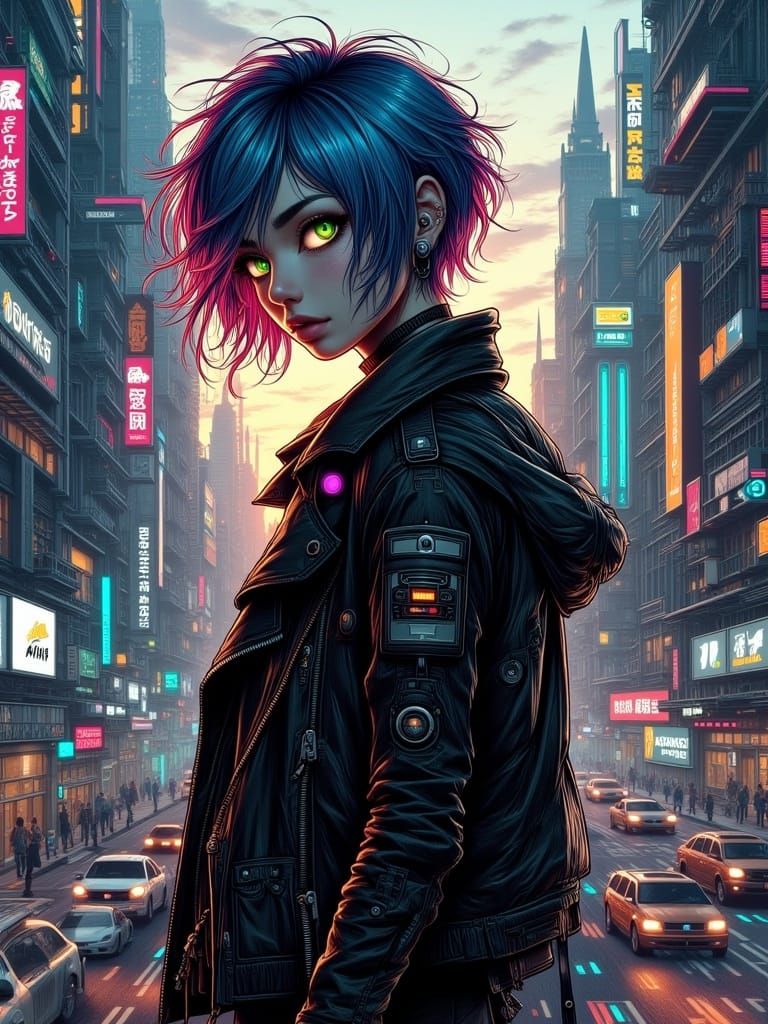Cyberpunk Woman in Futuristic Cityscape