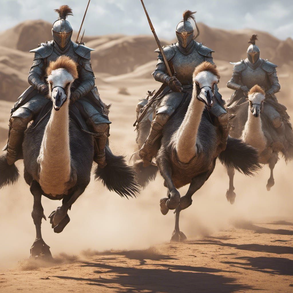 Knights Jousting on Racing Ostriches: Fantasy Concept Art