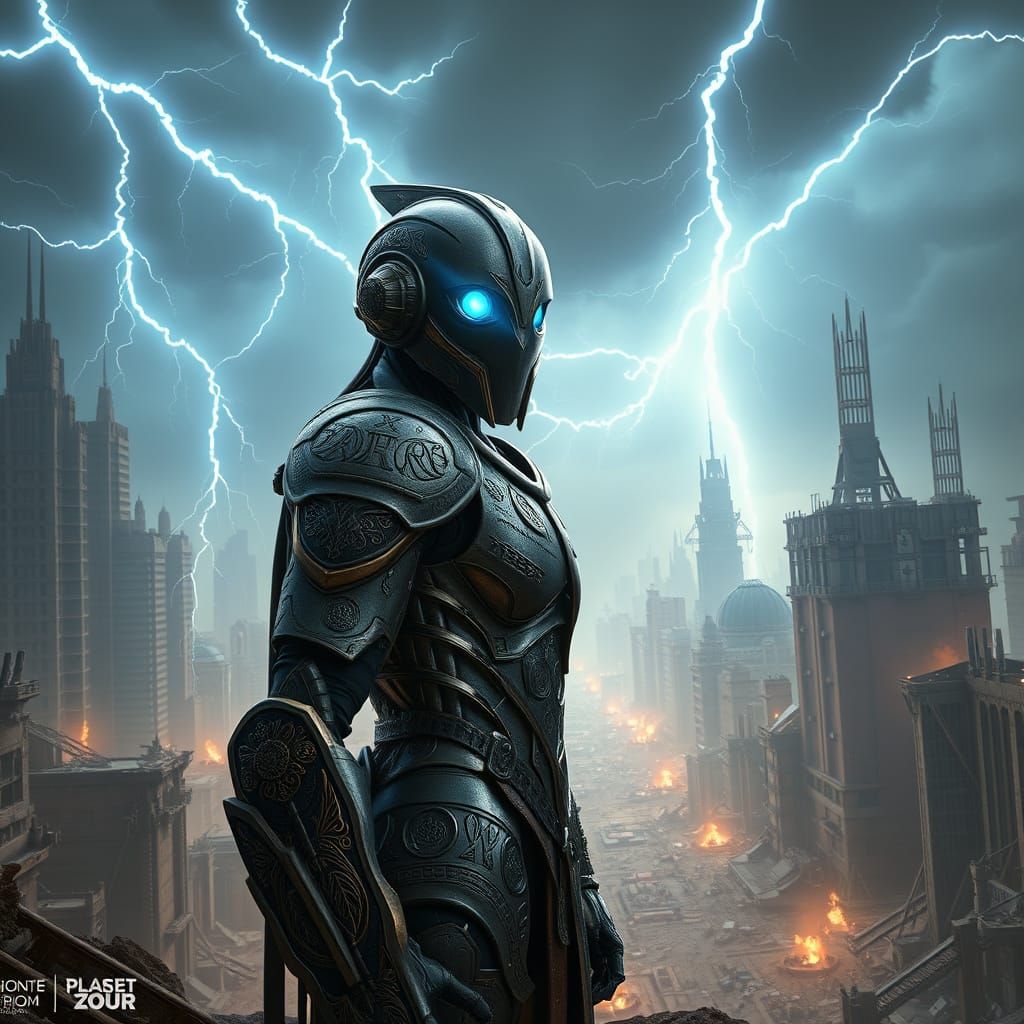 Cyborg Warrior Stands Guard in Cyberpunk Venus Cityscape