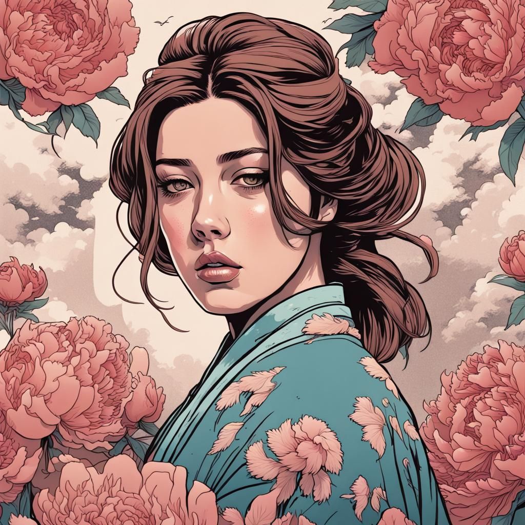 Adele Exarchopoulos in Ukiyo-e Style with Peonies
