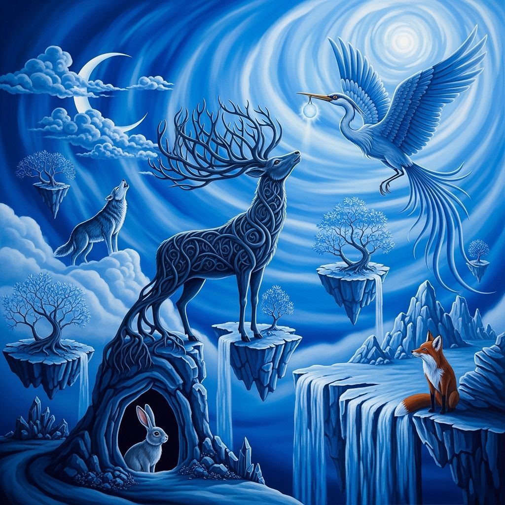 Azure Surrealism: Stag, Wolf, and Bird Symbolize Hope