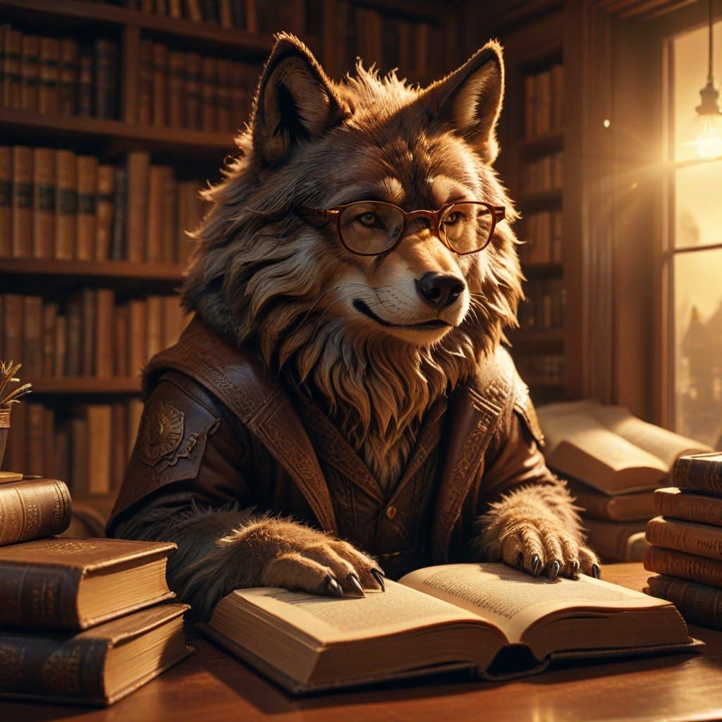 Furry Wolf Reader in Cozy Book Den