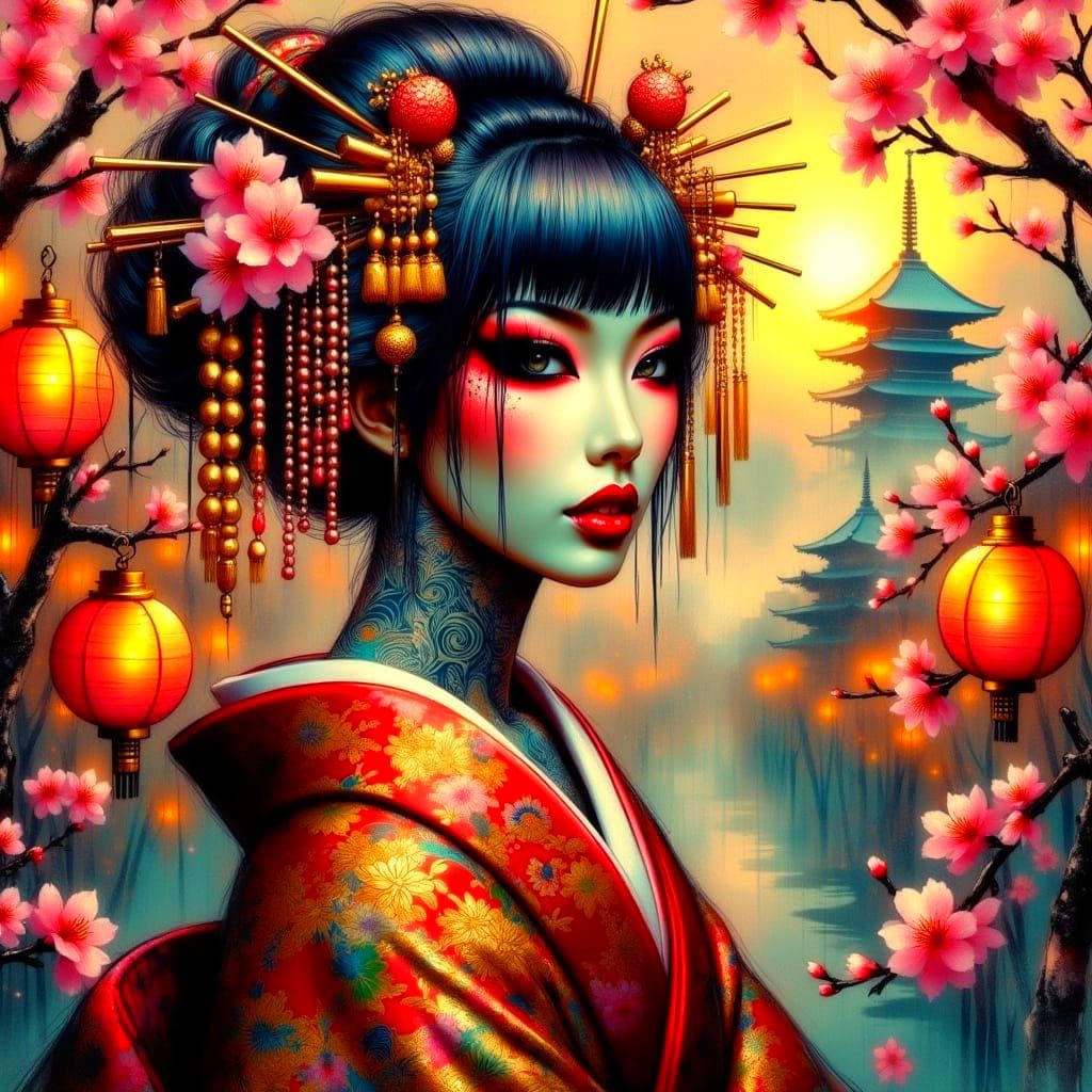 Surreal Geisha Goddess in Cherry Blossom Dreamscape