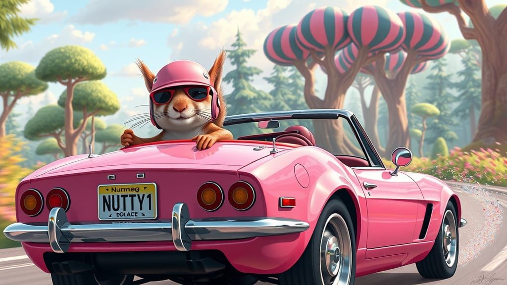 Squirrel Speeds Through Whimsical Forest in Vibrant Pink Car