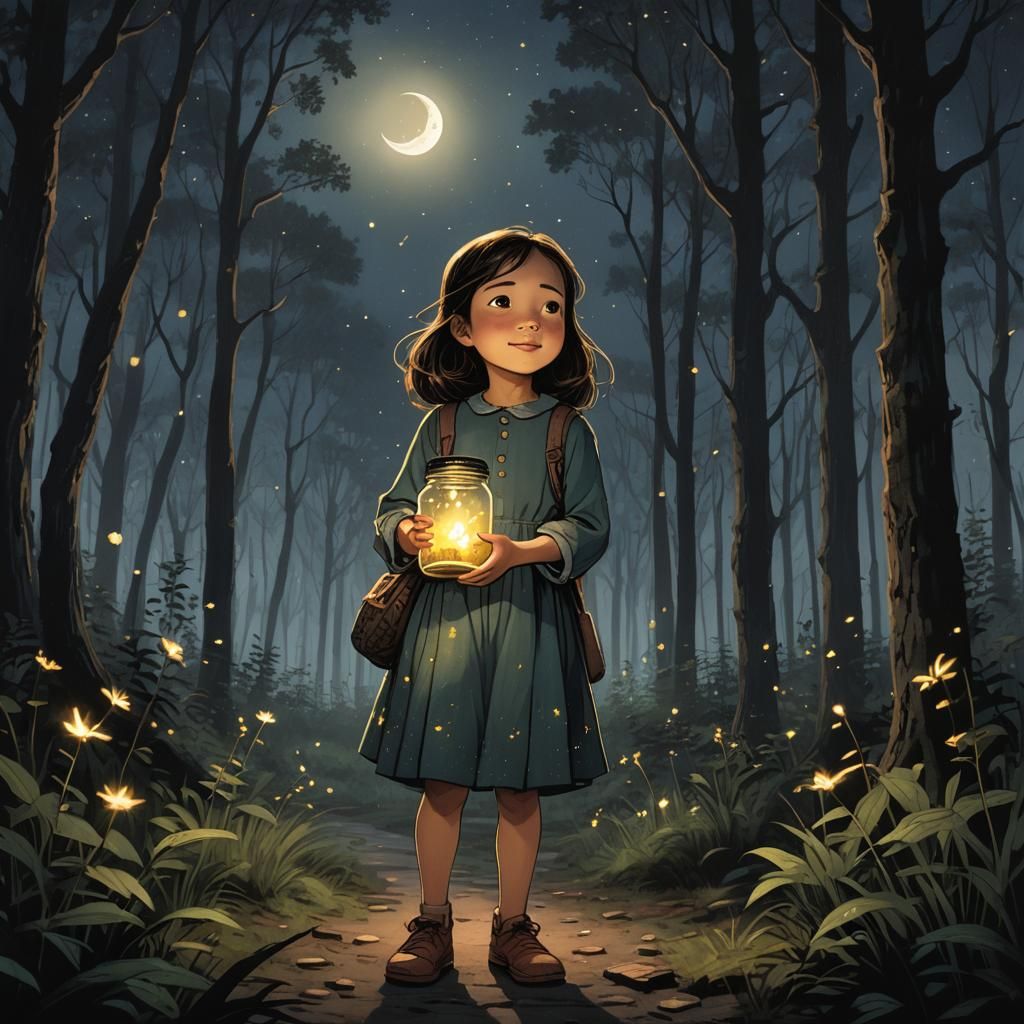 Girl with Fireflies in Forest Clearing