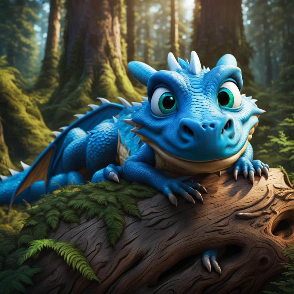 A hyper realistic Disney Pixar style Dragon character, looking directly at the viewer with blue, expressive eyes