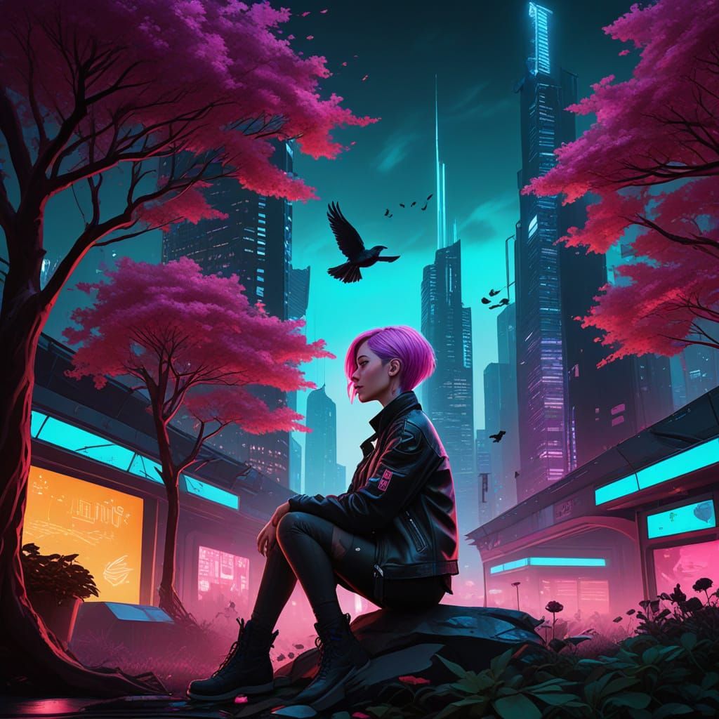 Neon Garden: Cyberpunk Woman at Twilight