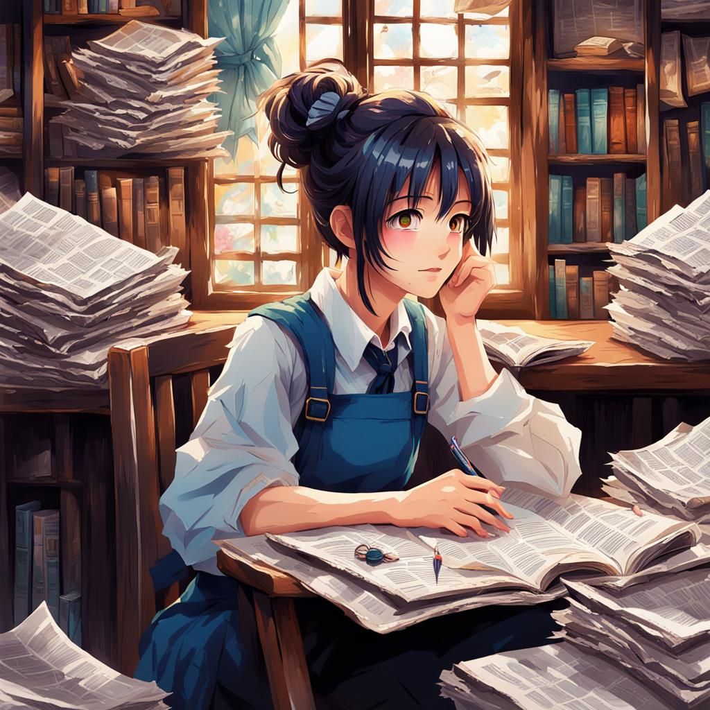 Anime Woman Portrait with Newspaper Hand
