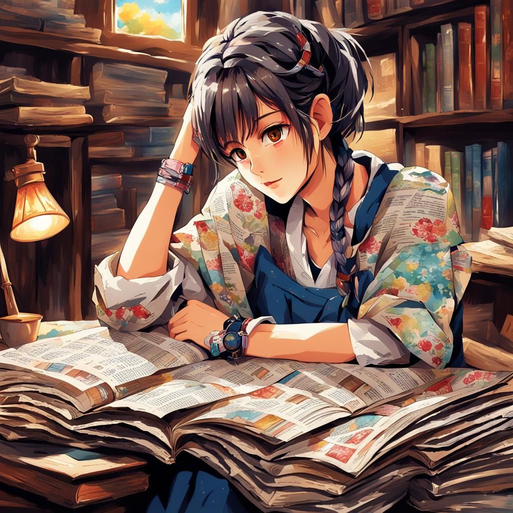 Anime-Inspired Portrait of a Beautiful Woman with Book-Like....