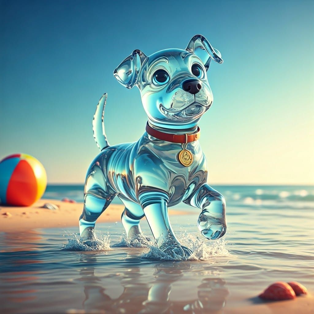 Glass Puppy Frolics on Sunny Beach: 3D Animation