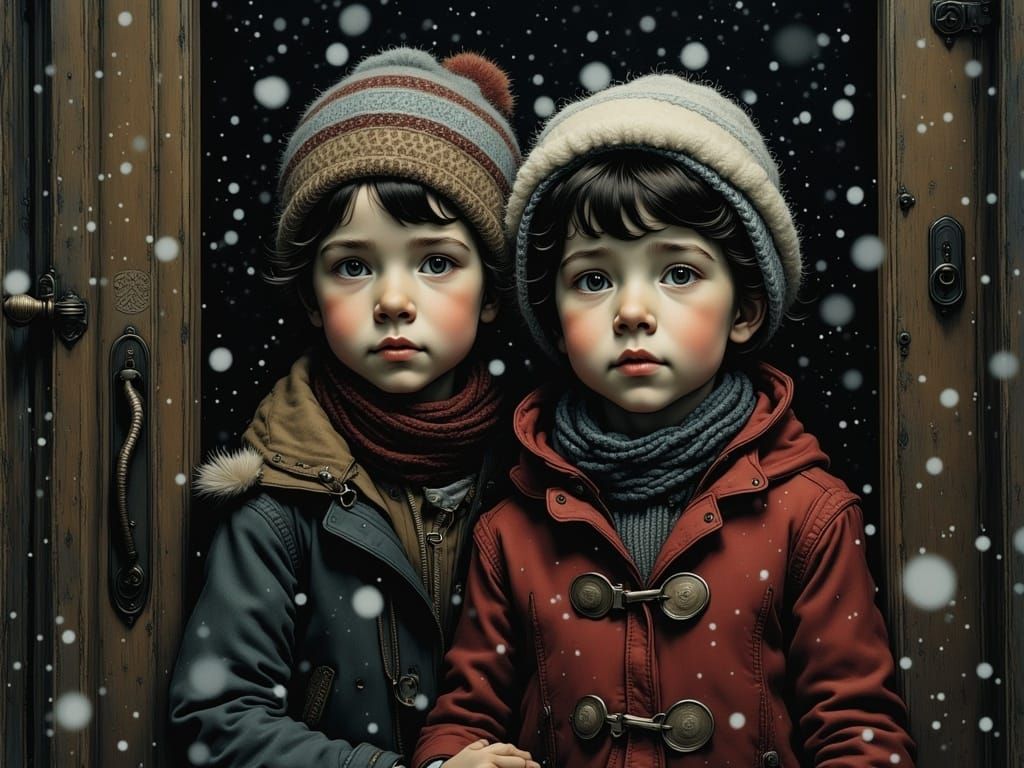 Dreamlike Winter Scene of Children in Snowstorm