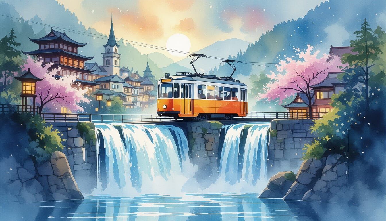 Anime City Tram Through Waterfall in Watercolor Style