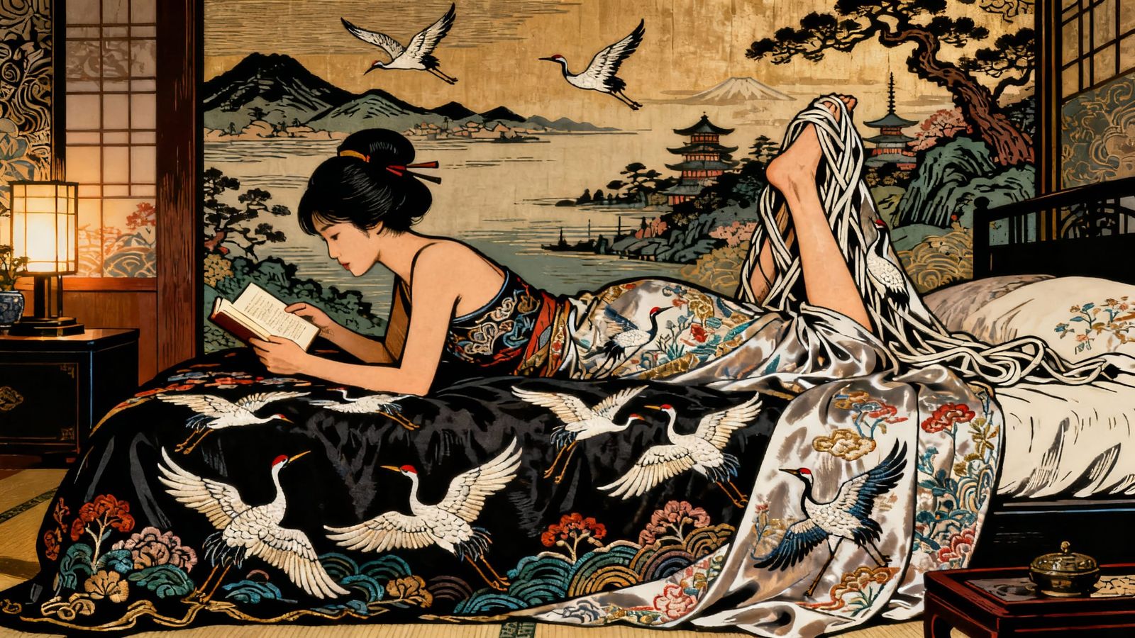 Elegant Japanese Woman Reading in Silk Sheets