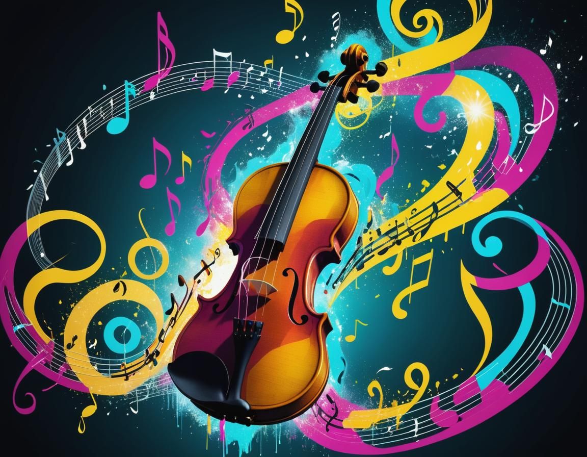 Violin Silhouette with Flowing Treble Clef Notes