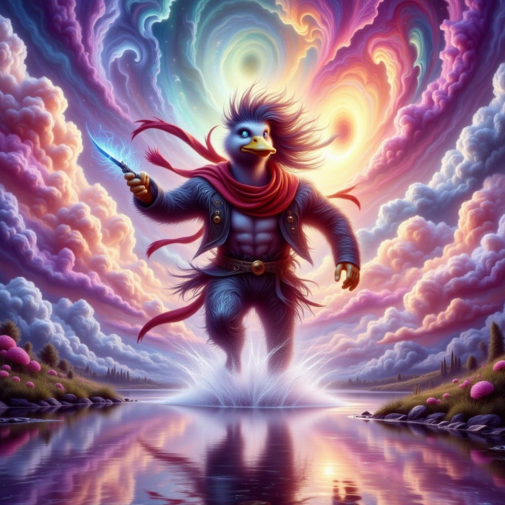 Rambo Duck Dashes Across Holographic Clouds Over Lake