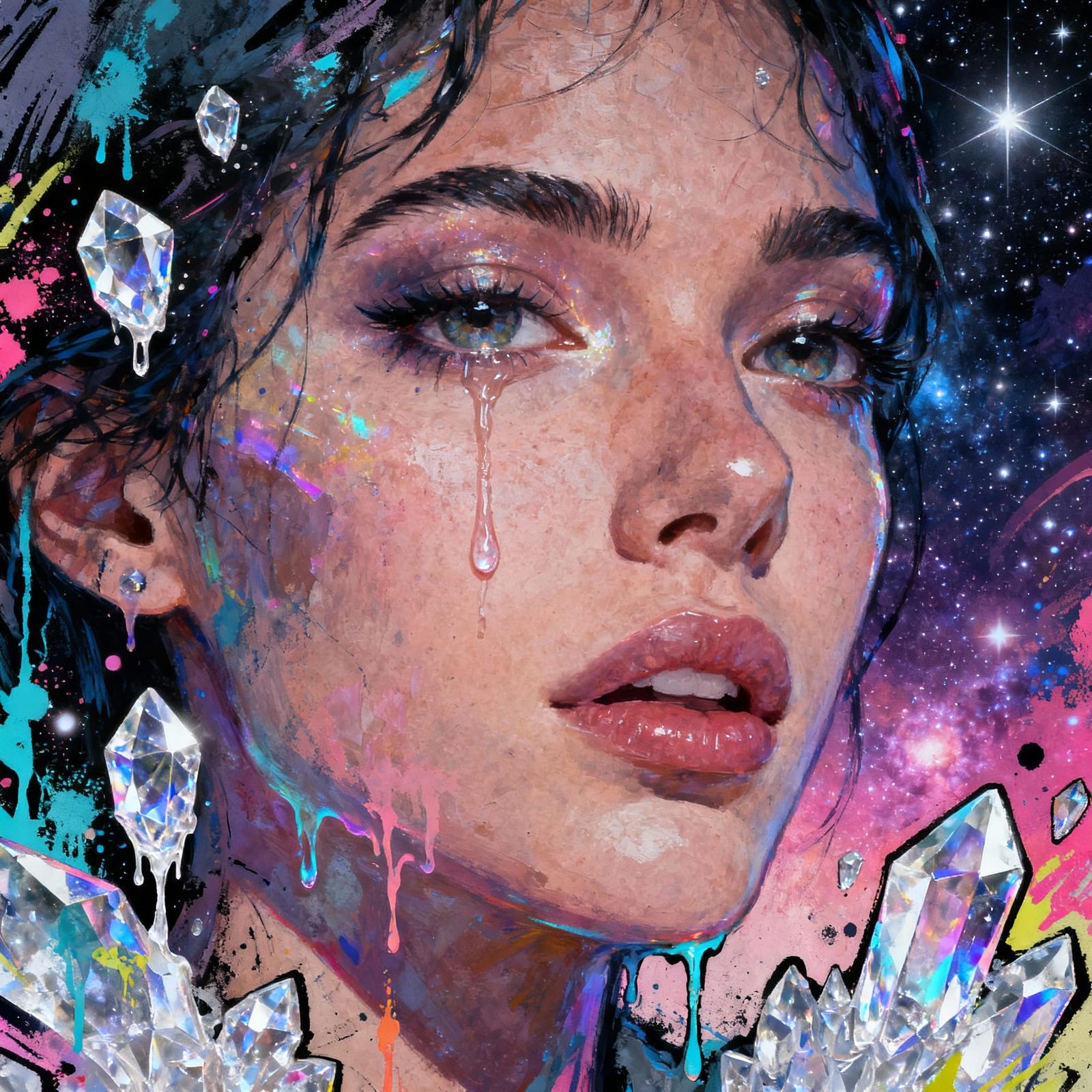 Crystal Woman's Face with Cosmic Tear