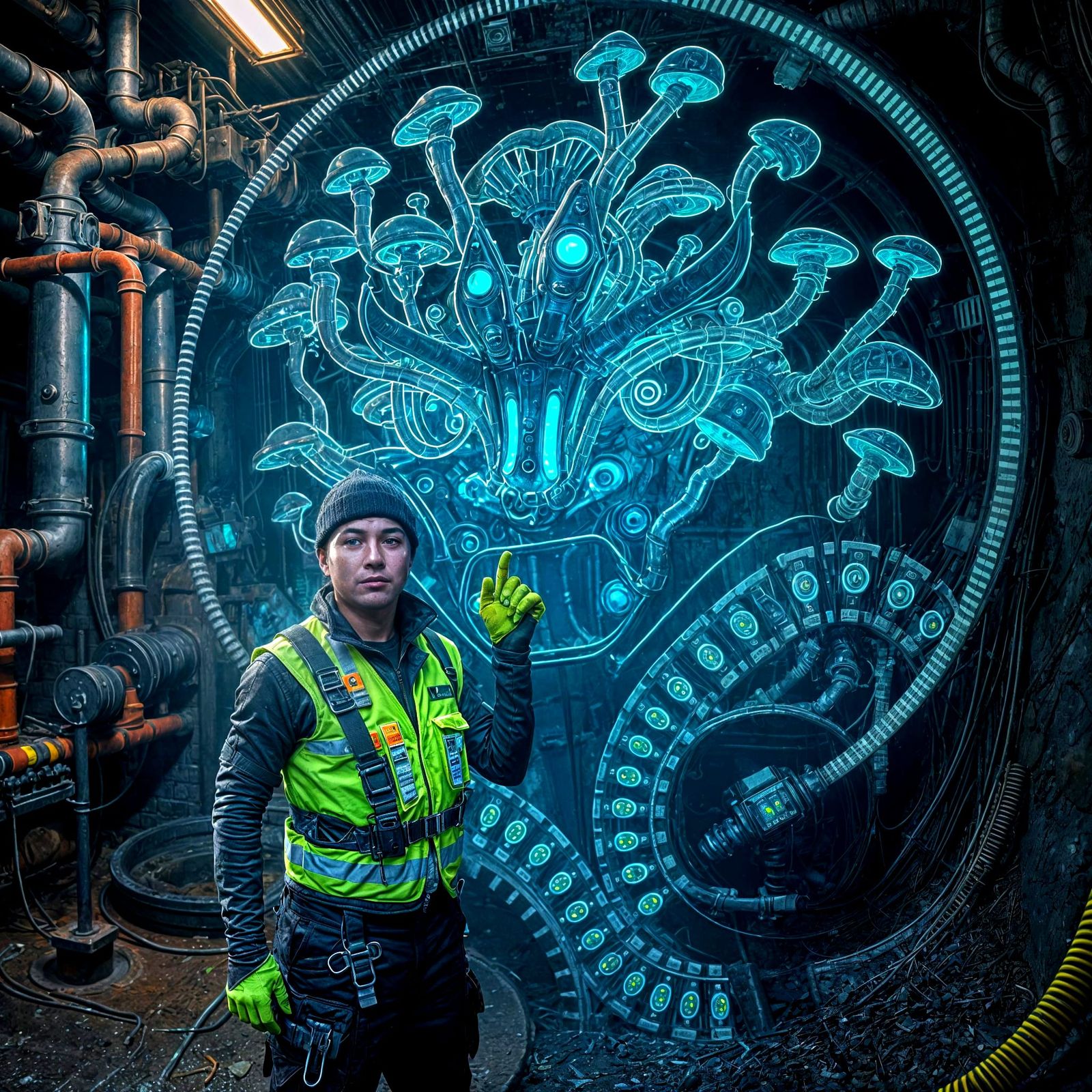 Sewer Cleaner Meets Futuristic AI in Gritty, Neon-Lit Scene