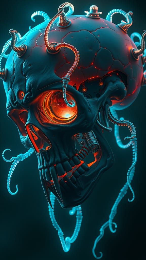 Bioluminescent Skull: Hyperrealistic Digital Horror Artwork