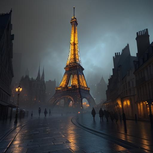 Eiffel Tower at Night in Surrealist Fantasy Style