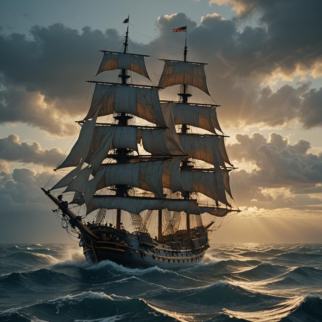 Pirate Ship Sails Stormy Seas in Impressionist Style