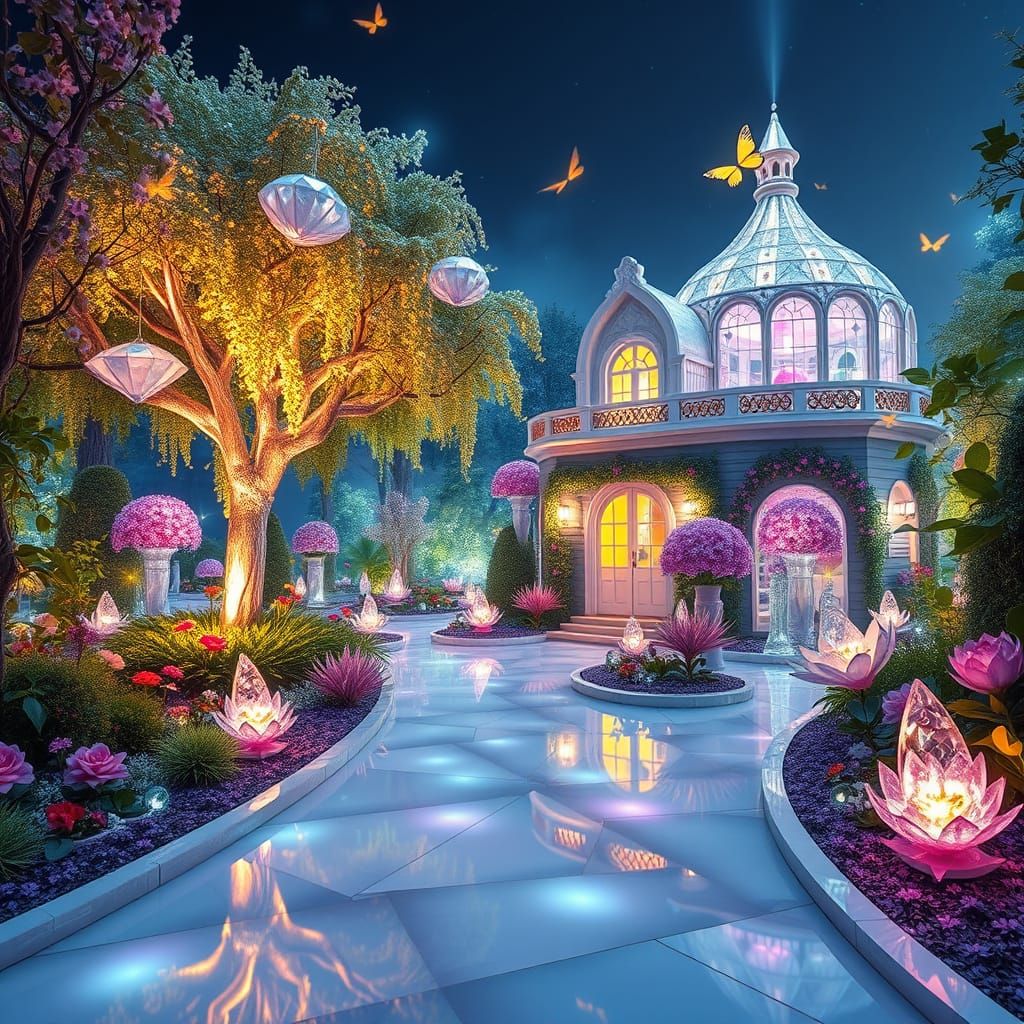 Diamond Crystal Garden with Gemstone Flowers in 8K