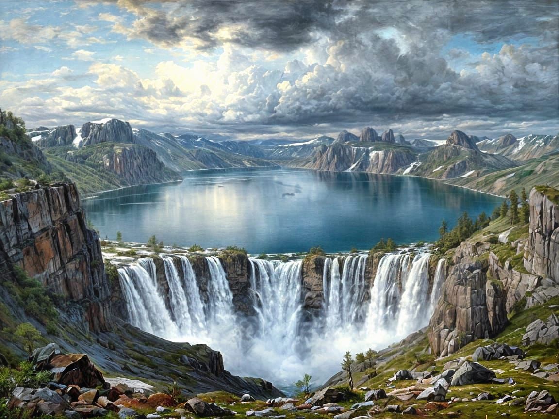 Wild Landscape Painting of a Bowl Lake on a Rocky Pedestal