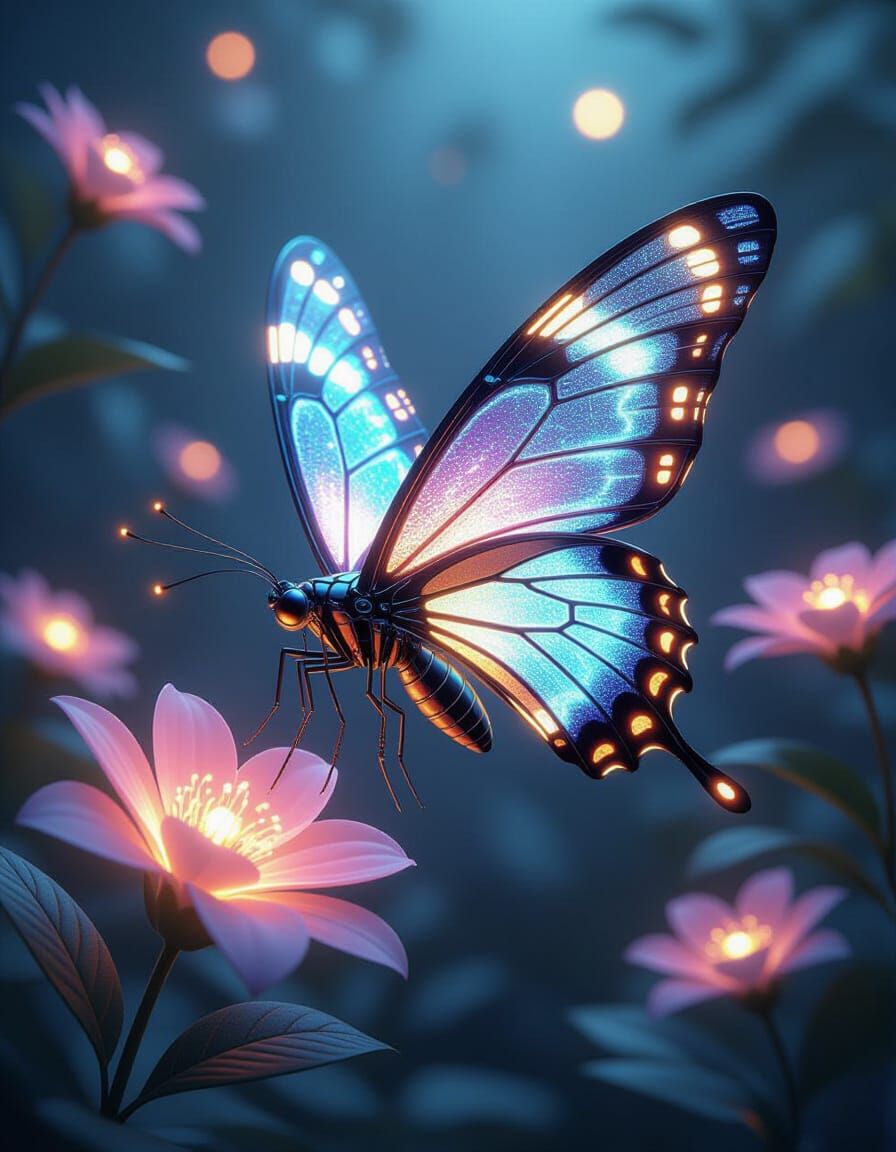 Futuristic Drone Butterfly in Cybernetic Garden