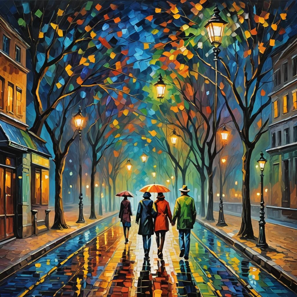 People Walking at Night: An Expressionist Oil Painting