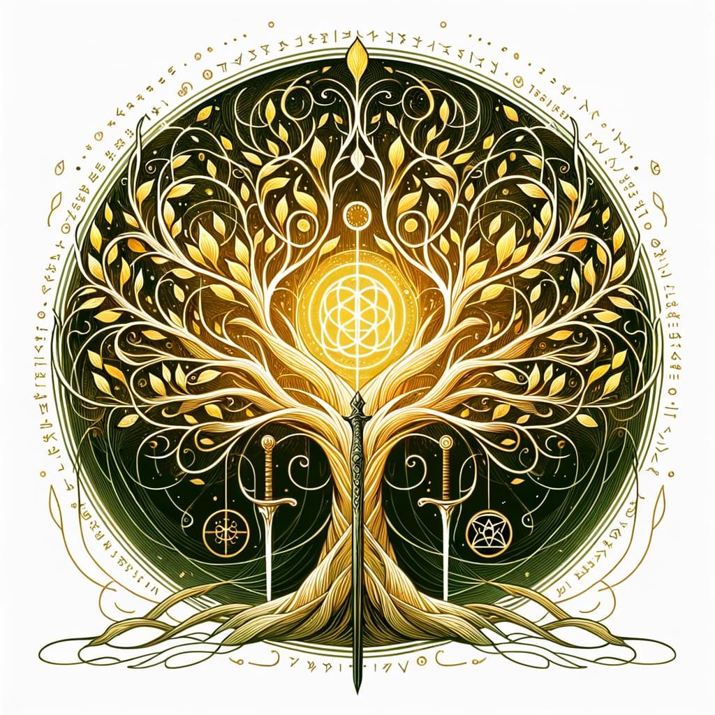 Ethereal Elven Realm with Golden Leaves and Ancient Tree