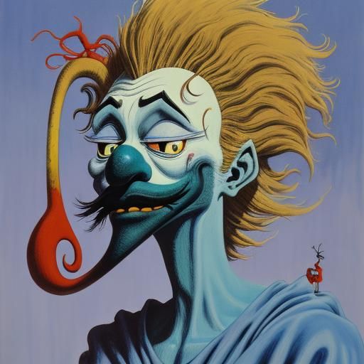 Clown in Surreal Cartoon Style, Gouache Painting