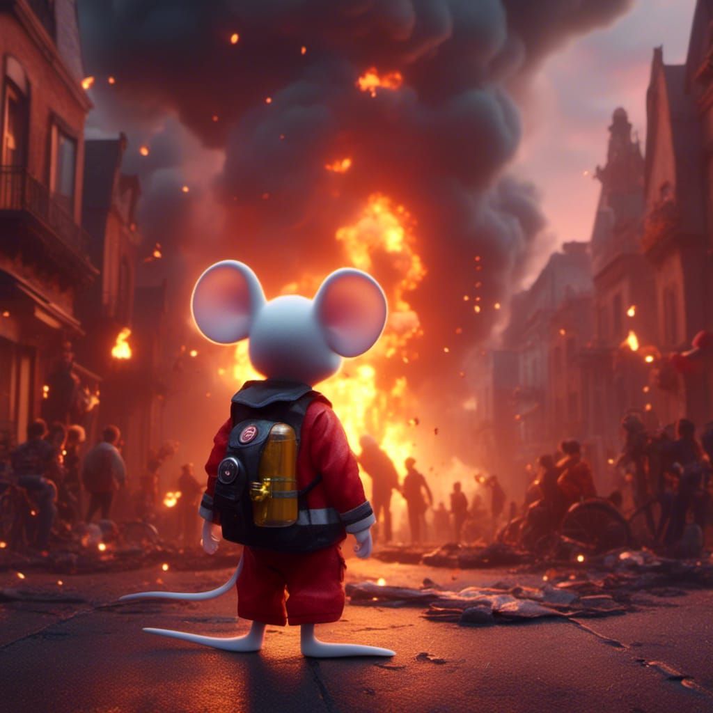 Mouse Fireman Watching Burning City: Pixar Style