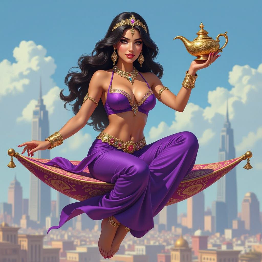 Middle Eastern Superheroine Rides Flying Carpet in Vintage P...