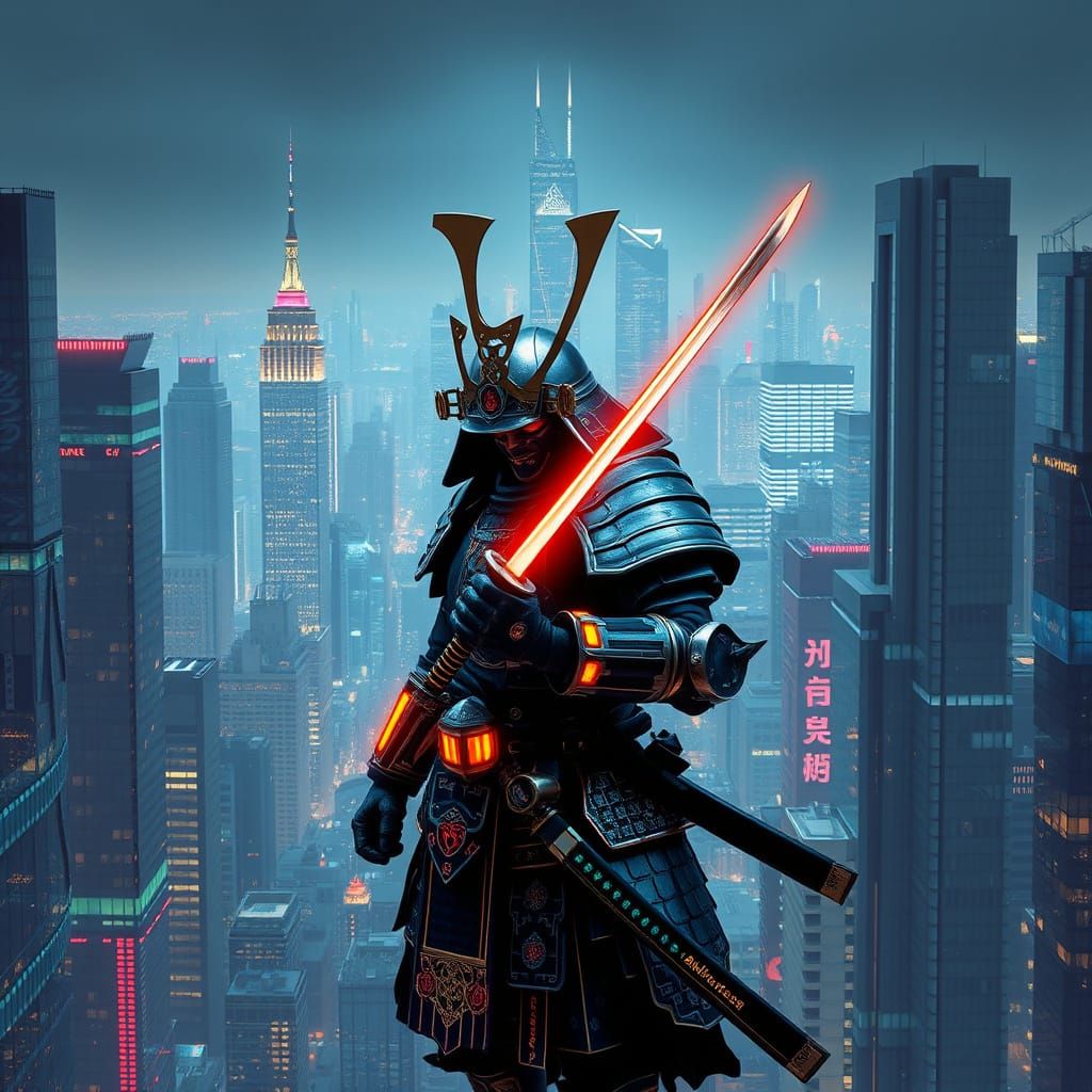 Cyberpunk Samurai Stands Tall in Neon Metropolis