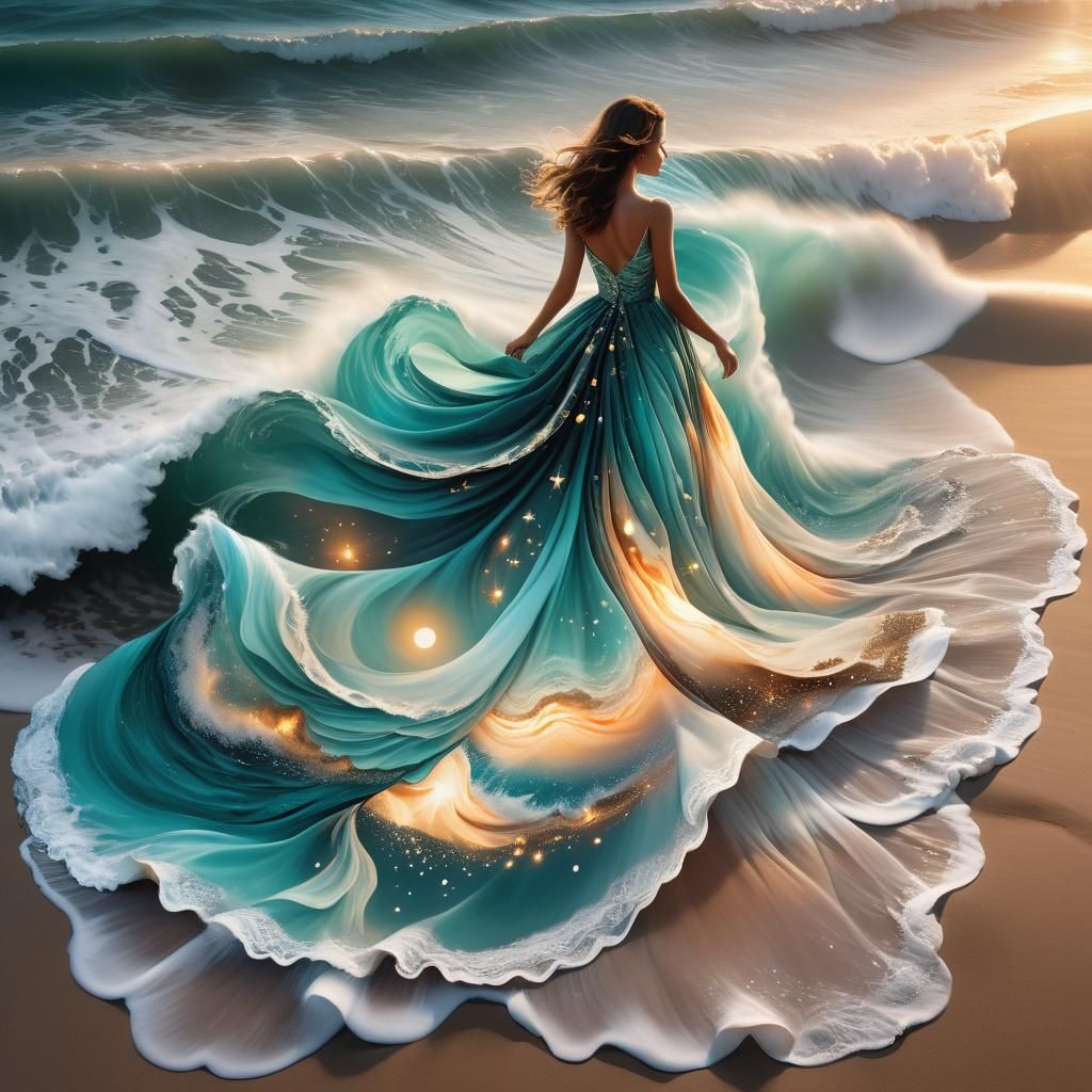 Seascape Double Exposure of Woman in Starry Dress