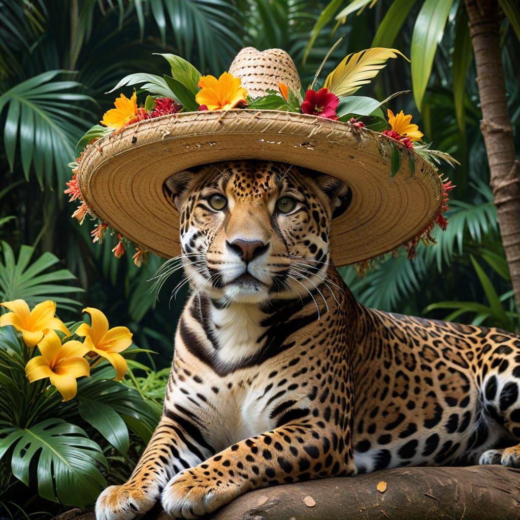 Jaguar Lounging in Rainforest with Sombrero