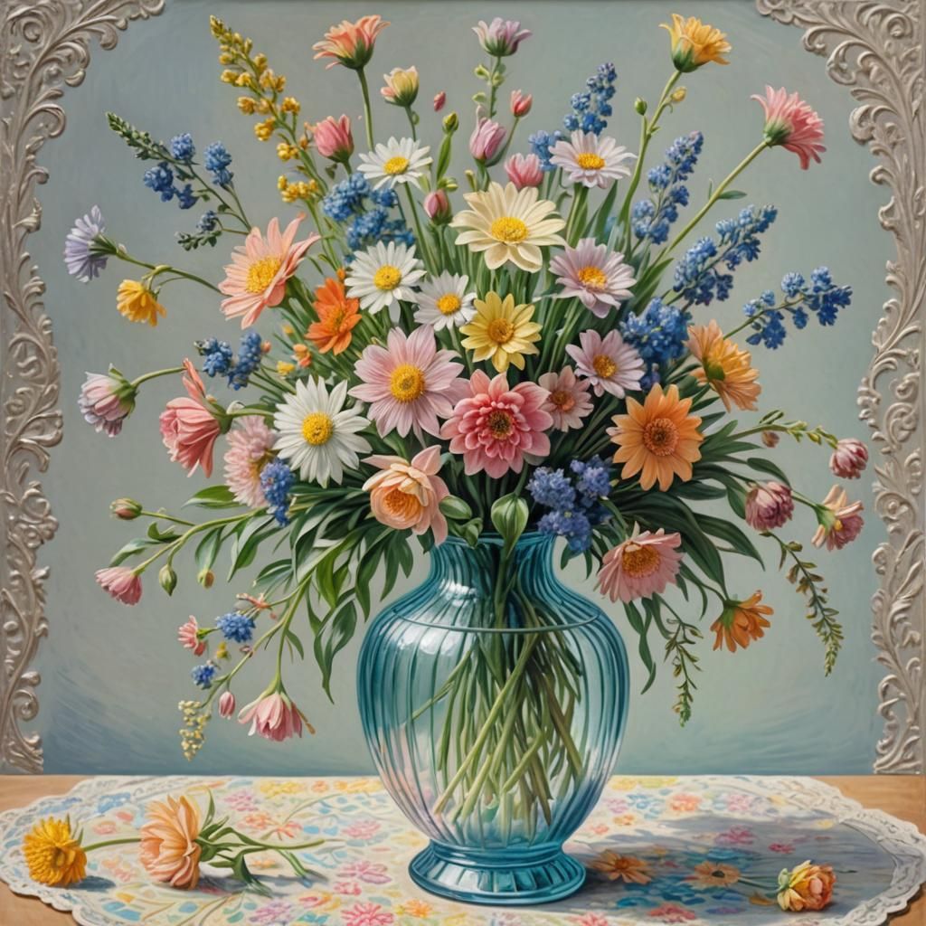 Detailed Pencil Sketch of Flowers in Glass Vase