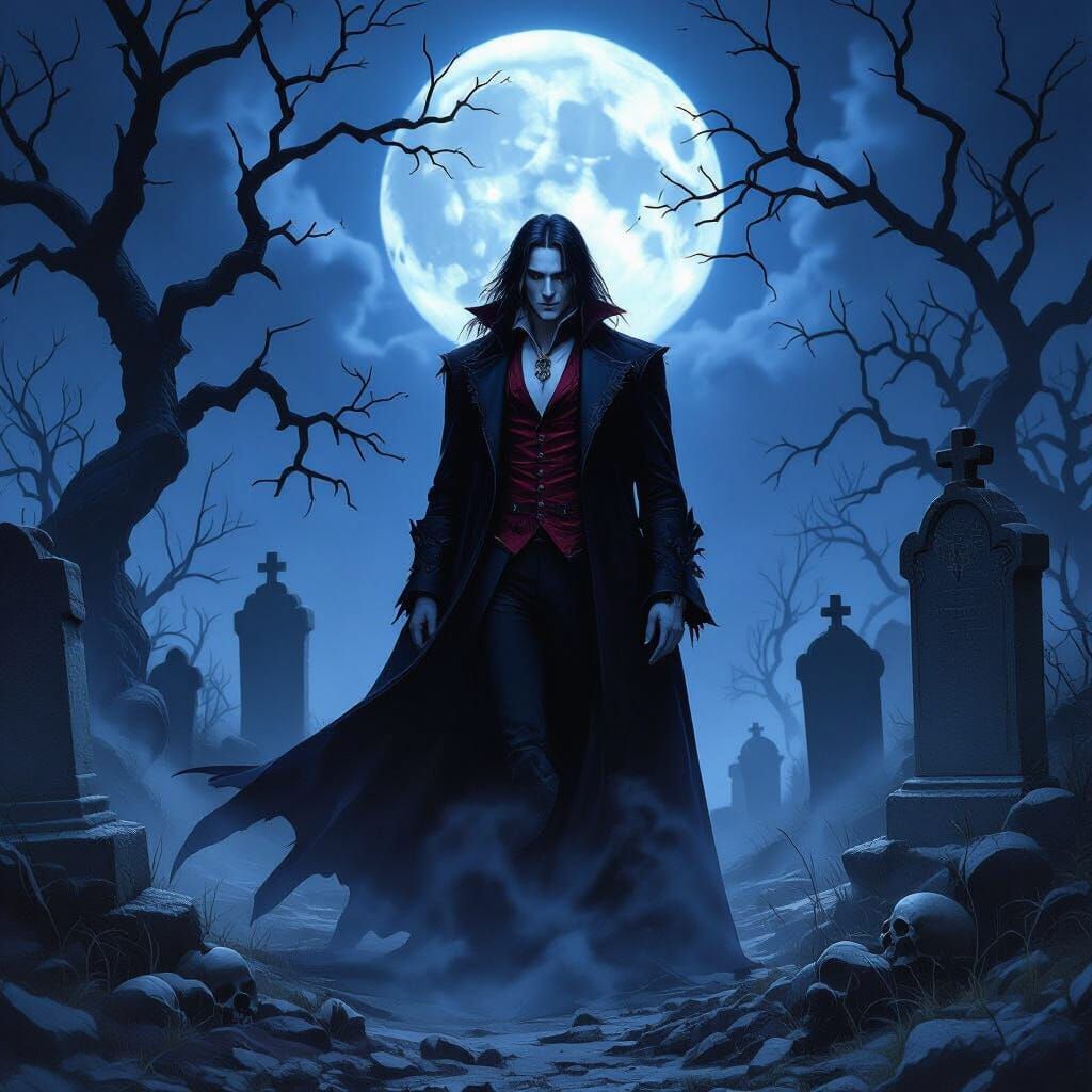 Gothic Vampire in Moonlit Graveyard