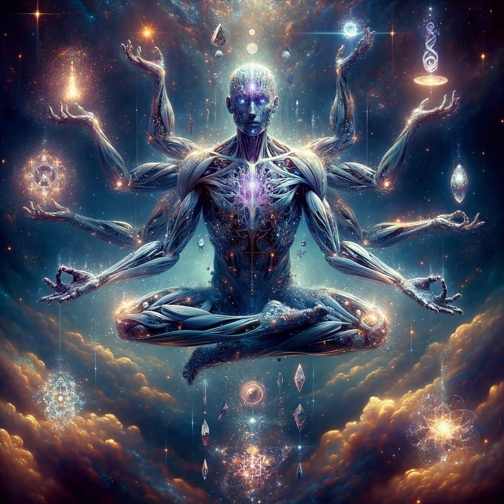 Crystal God Contemplating Magic in Cosmic Void