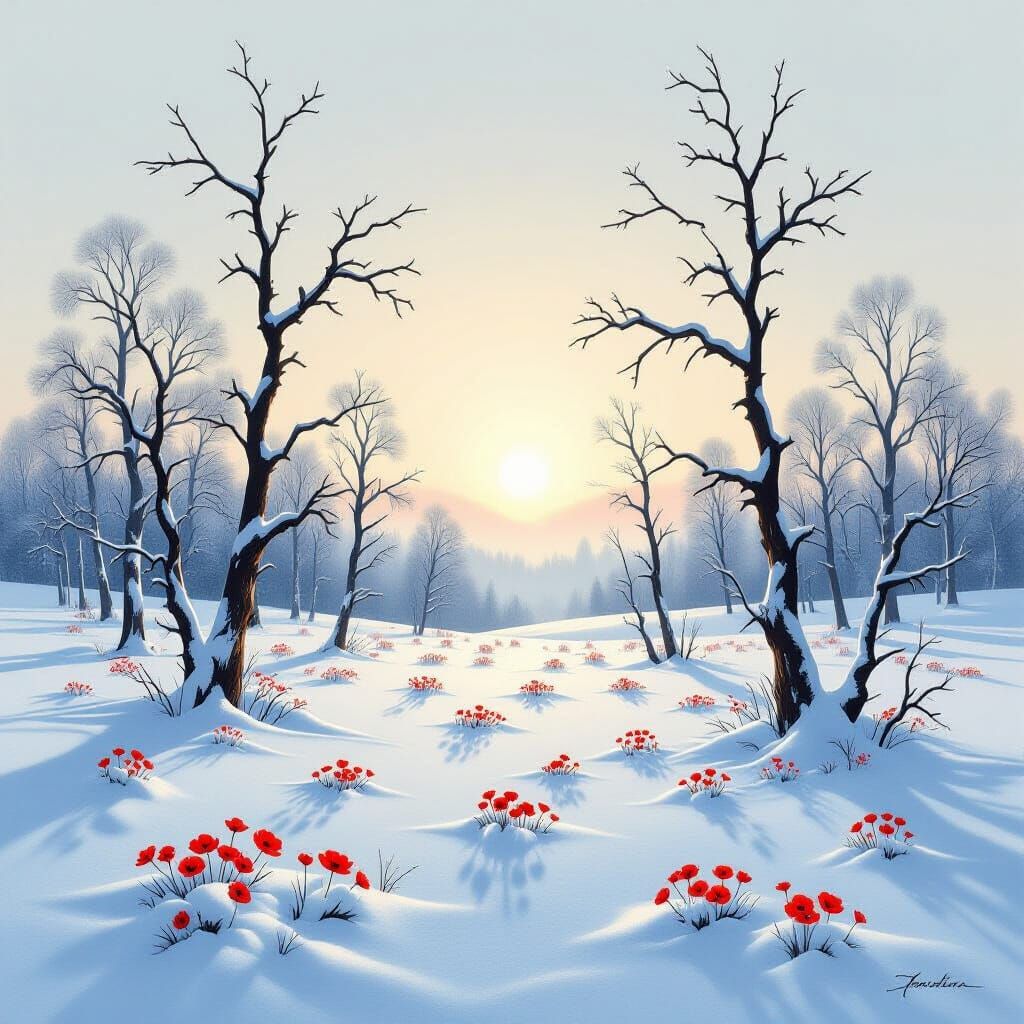 Winter Landscape with Dead Trees and Red Flowers