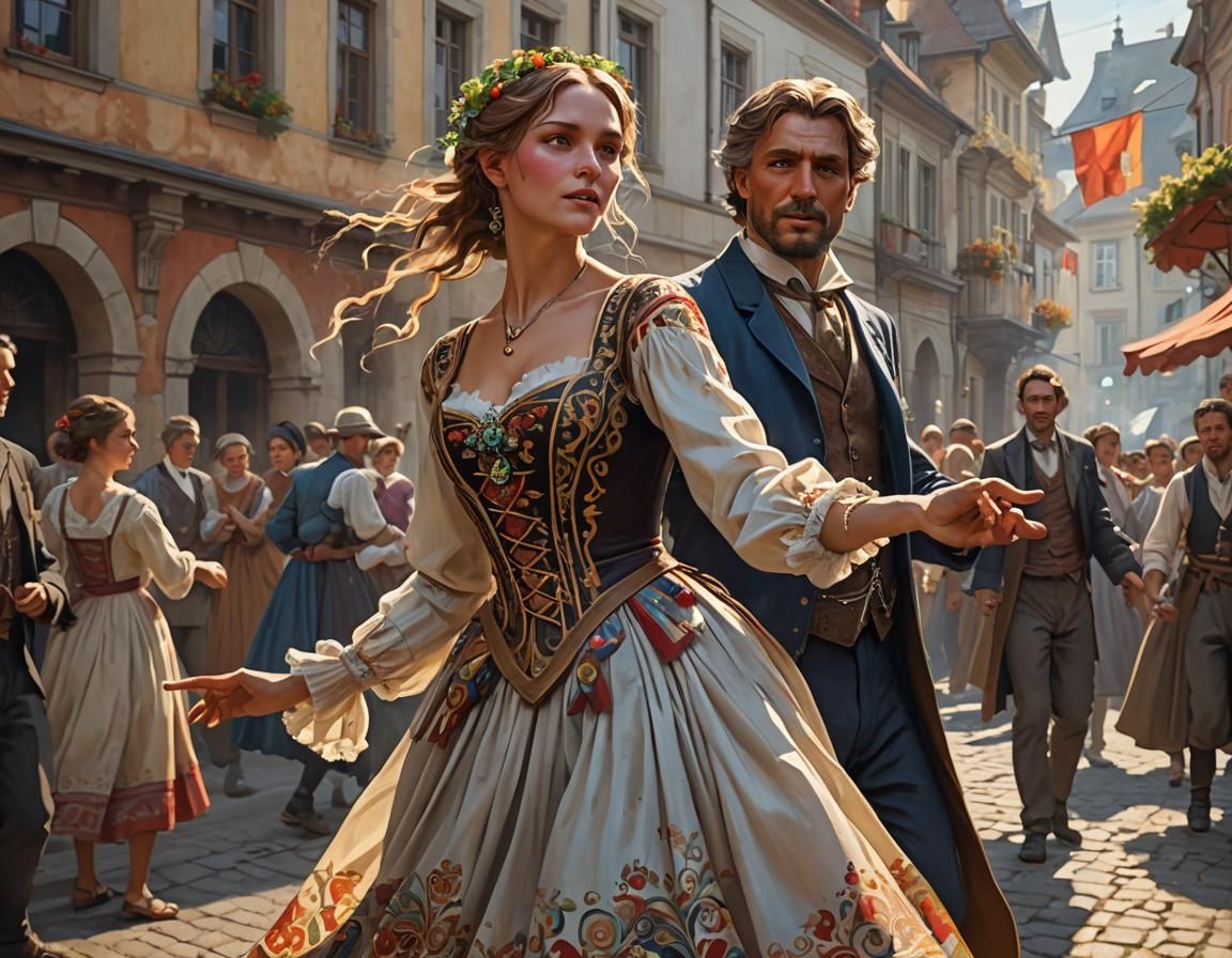 Moravian Woman Dancing in Kyjov Dress, Art Nouveau Style