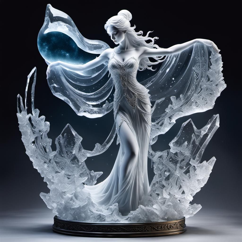 translucent celestial maiden made of ice, ice nymph, ice sculpture, moonlight filtering through her clear icy figure, cr...
